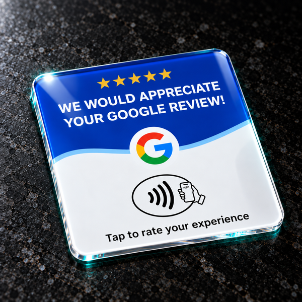 One NFC review card on a countertop.