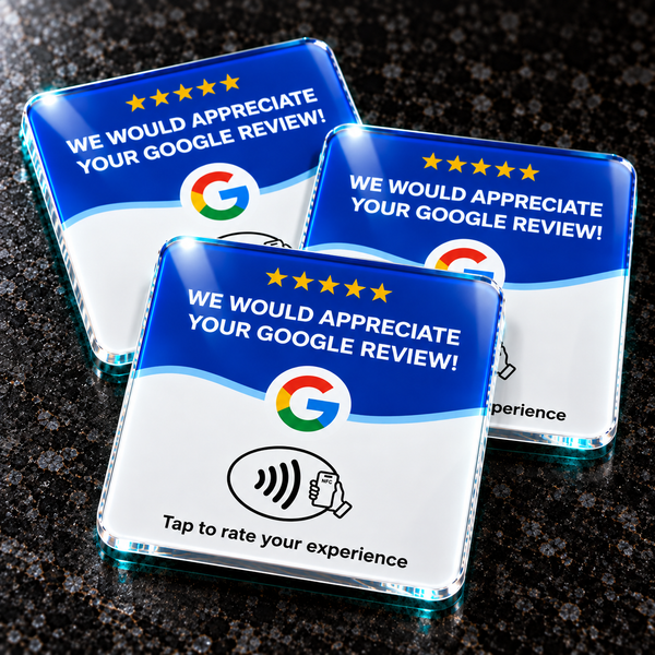 Three NFC review cards on a countertop.